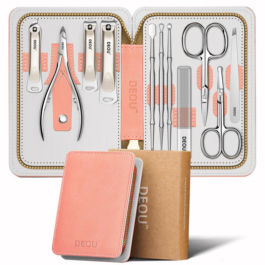 DEOU Professional Nail Set 11 in 1 stainless steel home care nail clippers, men's luxury travel leather storage box, women's beauty kit (Pink)