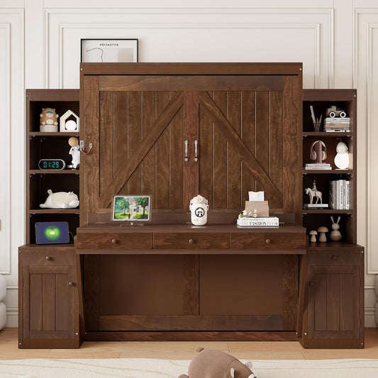 Merax Queen Size Murphy Bed with Desk and LED Lights, Power Outlet, Foldable Murphy Cabinet Bed with Open Storage Shelves & Drawers, Wood Space-Saving Hidden Wall Bed for Guest Room, Dark-Brown