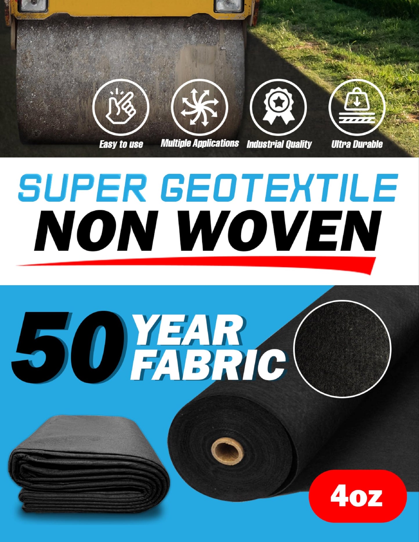 Super Geotextile 4, 6, 8 oz Non Woven Fabric for Landscaping, French Drains, Underlayment, Erosion Control, Construction Projects - 4 ozs (3x100)