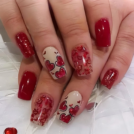 Valentine's Square Press on Nails Medium Hollow Heart Fake Nails Red Heart Glitter Design Glue on Nails Heart Acrylic Nails Full Cover Artificial Stick on Nails Valentine False Nails for Women