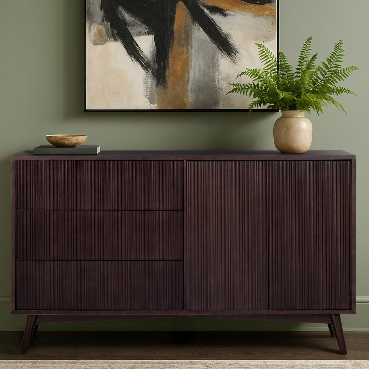 Teamson Home Tremolo 55″ Wide Sideboard Cabinet with 3 Deep Drawers & 2 Push-Open Doors, Adjustable Shelf & Rubber Wood Feet, Fluted Fronts in Contemporary Style for Living, Dining Room, Espresso