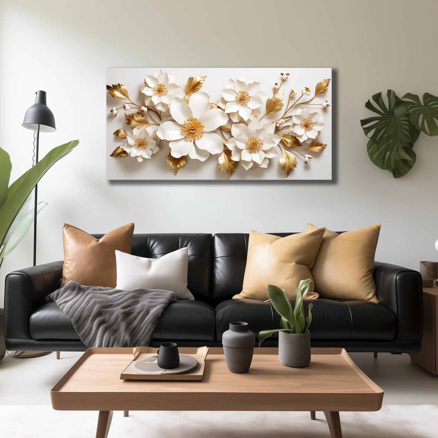 JuhaiArt Gold Wall Decor White 3D Floral Wall Art Elegant Flower Canvas Decor for Bedroom Living Room Office Picture Artwork 24" x 48"