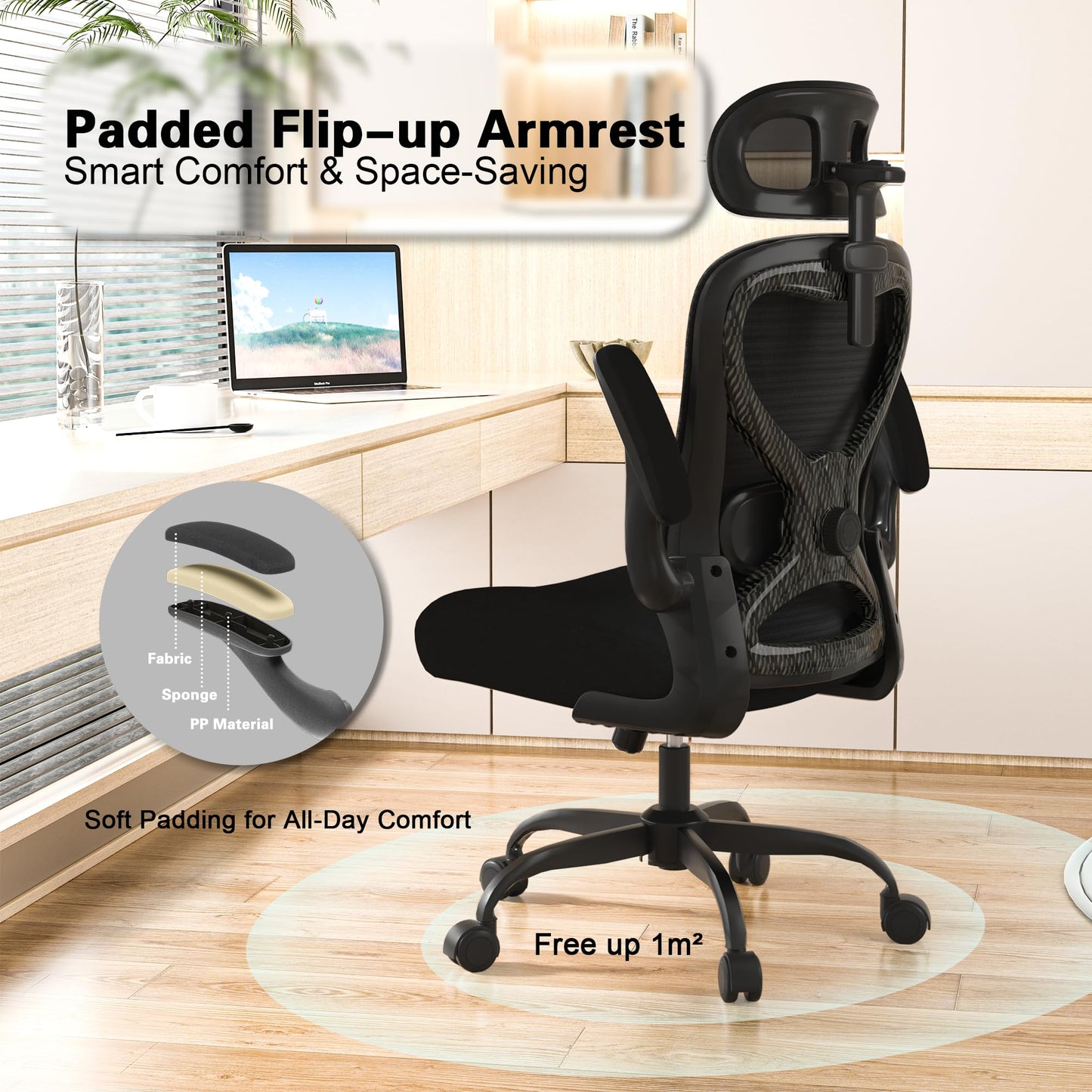 CASASIO Office Chair for Back & Neck Pain Relief, Virgin Foam Seat, 2D Adjustable Lumbar & 3D Headrest, Flip-Up Armrests, Tilt & Rock for Relaxation, Black/Carbon Fiber