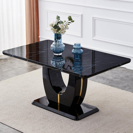 JUFU 63" Black Marble-Look Dining Table for 6, Modern Rectangular Kitchen & Dining Room Table, Glossy Faux Marble Finish Top, Pedestal Base, Easy Assembly