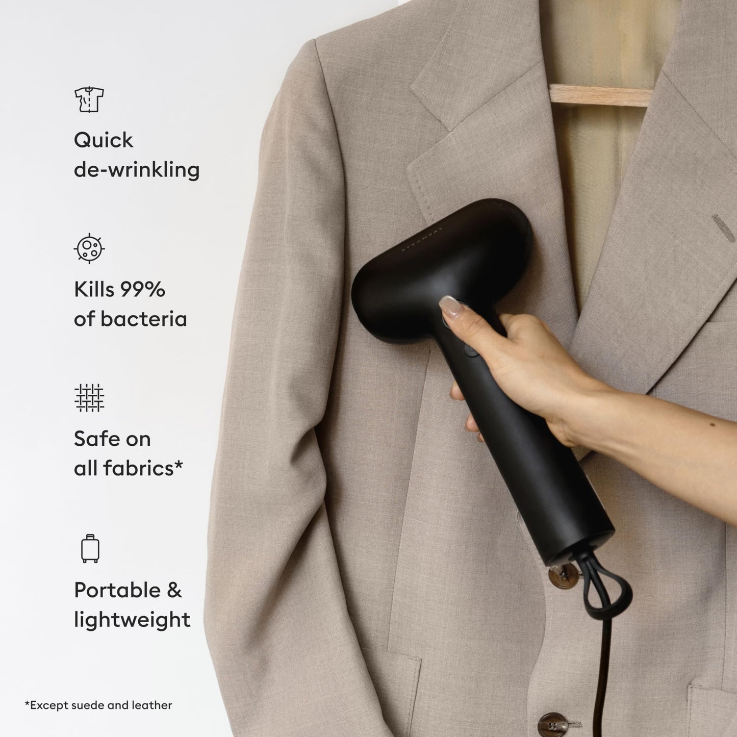 Steamery Handheld Clothes Steamer Cirrus Core, 1350W, Steam Output 0.74 oz/min, Heat up in 15 Seconds, Dry Steam Technology, Hanging Loop, Visible Water Tank, Portable, Scandinavian Design, Black