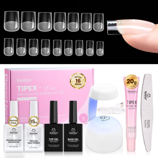 Beetles Tipex Lite Nail Tips Kit with Dehydrator & Primer, Short Square Full Cover Clear Nails 256PCS 16 Sizes, Mini UV Lamp, 20g Solid Nail Glue, Base & Top Coat, All-in-One Nail Starter Kit