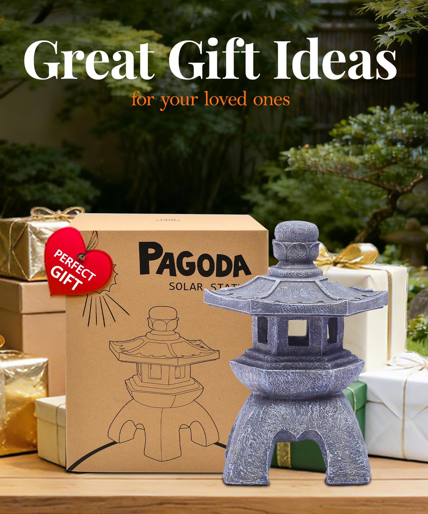 Nacome Solar Pagoda Lantern Garden Statue,Indoor/Outdoor Zen Asian Decor for Landscape Balcony,Garden,Patio,Porch Yard Art Ornament,Polyresin, Stone Finish