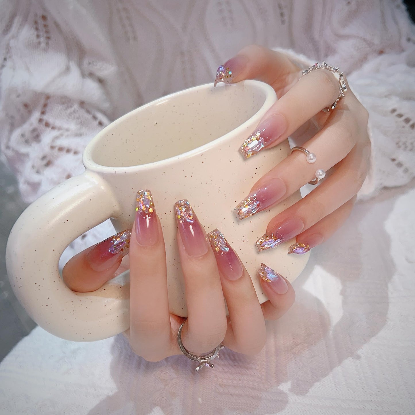 False Nails: Press on Nails Pure Handmade Designer Bridal Nail Reusable Fake Nails Luxury Rhinestones Stick on Nails French Tip Nail with Gifting Box for Brides & Party Lovers(Q007, M)
