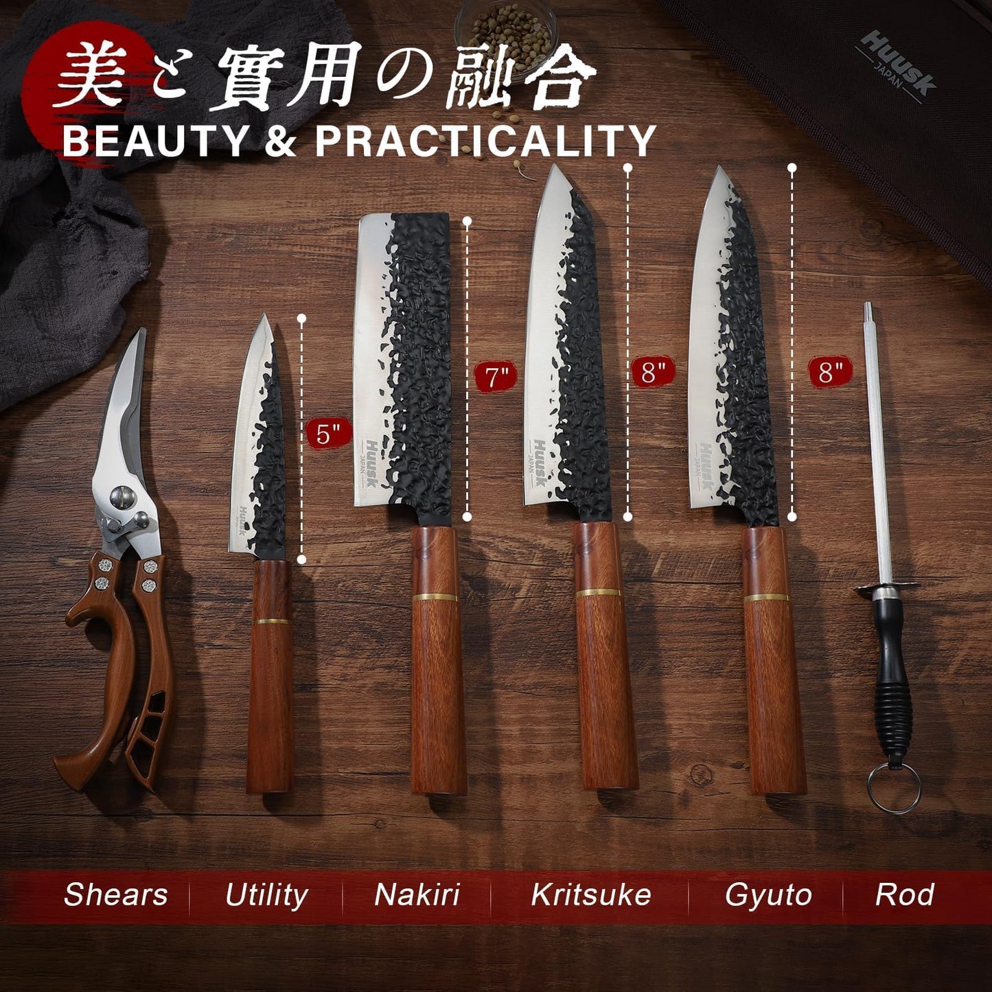 Huusk Japanese Knife Set 6pcs with Covers - Professional Chef Knife Set with Bag & Sharpener, High Carbon Steel Forged Knives Sets with Scissors, Japanese Kitchen Knives Sets, Christmas Gifts for Men