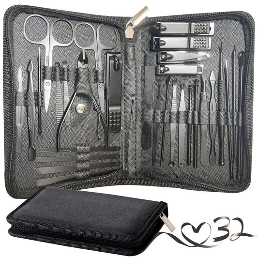 Manicure Set Pedicure Kit Womens Nail Clippers Set 32 in 1 Professional Grooming Care Tools Nail Kit Including Facial, Fingernails and Toenails Care with Travel Case Men Women