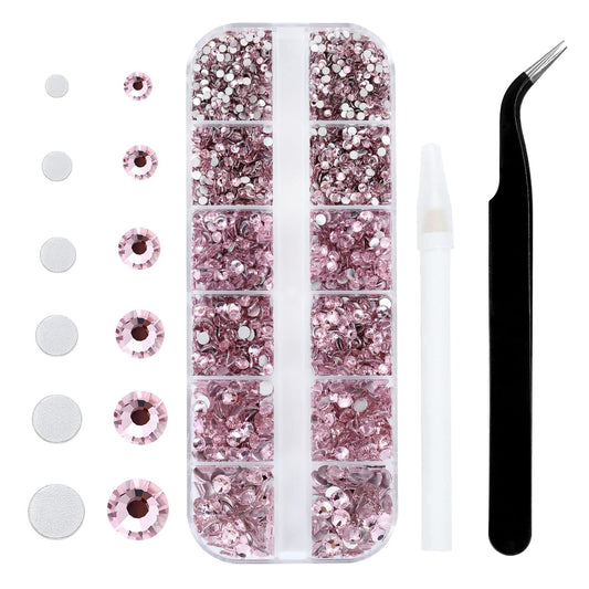 Meibite Pink Glass Flatback Rhinestones for Nails, Crafts & Clothes – 4240PCS 6 Sizes (SS6–SS20) Crystal Gems Kit with Tweezers & Picker, Non Hotfix DIY Rhinestones for Tumblers, Shoes, Nail Art