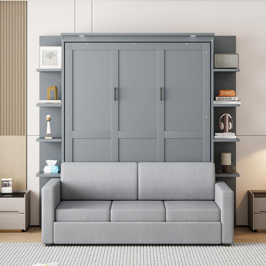 Merax Queen Size Murphy with Sofa and Shelves for Bedroom or Guestroom Wall Bed Space Saving Hidden Bed,No Need Fix to The Wall,Gray