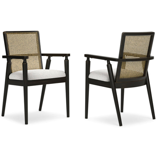 Signature Design by Ashley Galliden Rustic Solid Wood Upholstered Dining Arm Chair with Faux Cane Backrest, Set of 2, Light Brown & Black