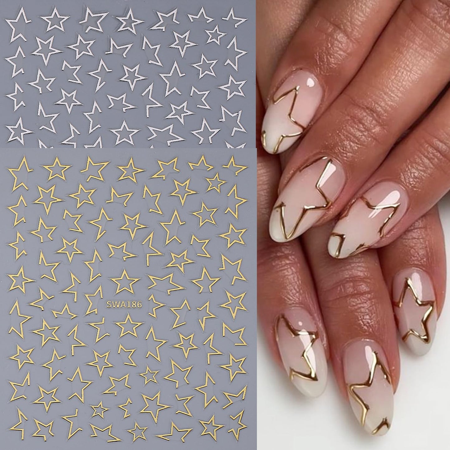 Hollow Star Nail Stickers Decals 12 Sheets Y2K Styles Star Nail Art Stickers Shiny Gold Silver Hot-Pink Black White Stars Nail Designs 3D Self Adhesive DIY Glitters Accessories Manicure Decoration