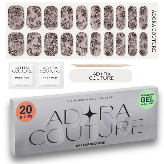 Adora Couture Semi Cured Gel Nail Strips with 20 Pieces - UV Gel Stickers, Manicure Kit, Easy Application Wraps Includes Prep Pads, Nail File, Wooden Stick - UV Light Required (Midnight Lace)