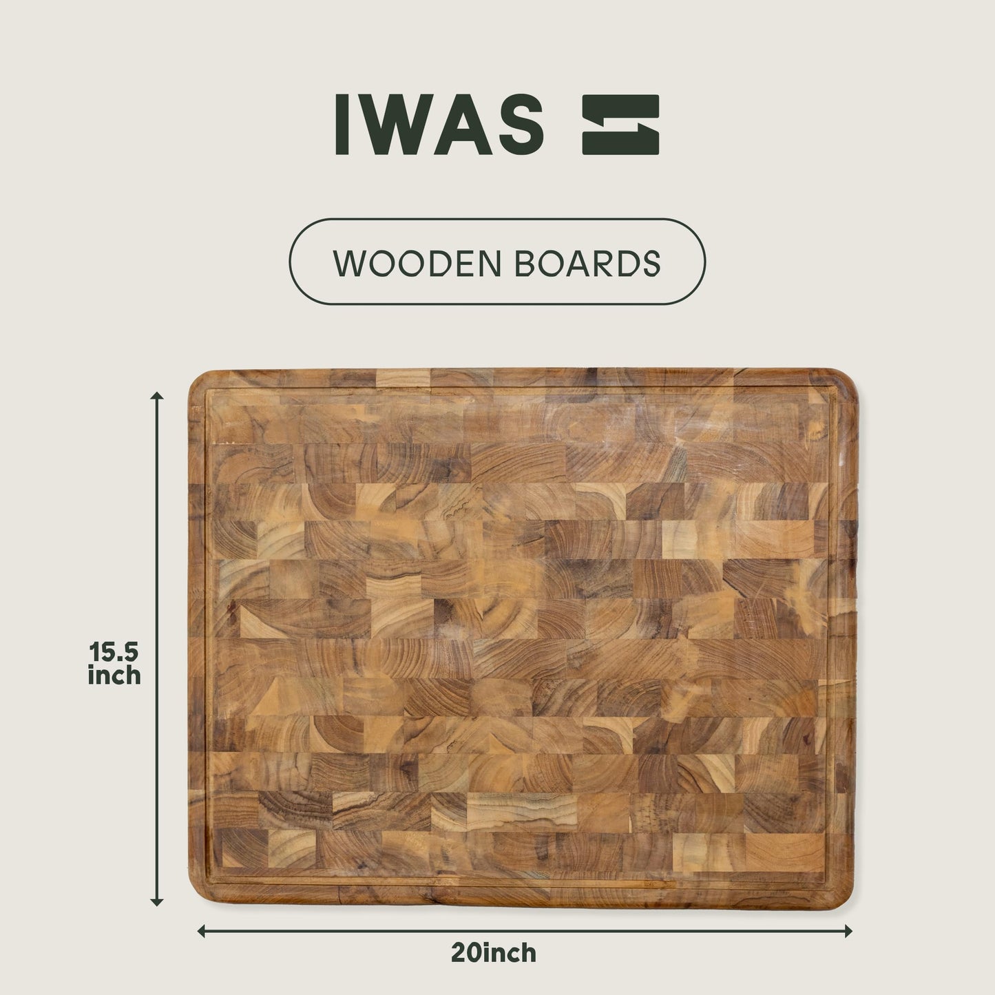 IWAS Upcycled Teak Wood Cutting Board With Juice Grooves and Handle | Extra Extra Large (20" x 15.5" x 1.5") | Sustainable & Environmentally Friendly Wooden Chopping Boards for Kitchen