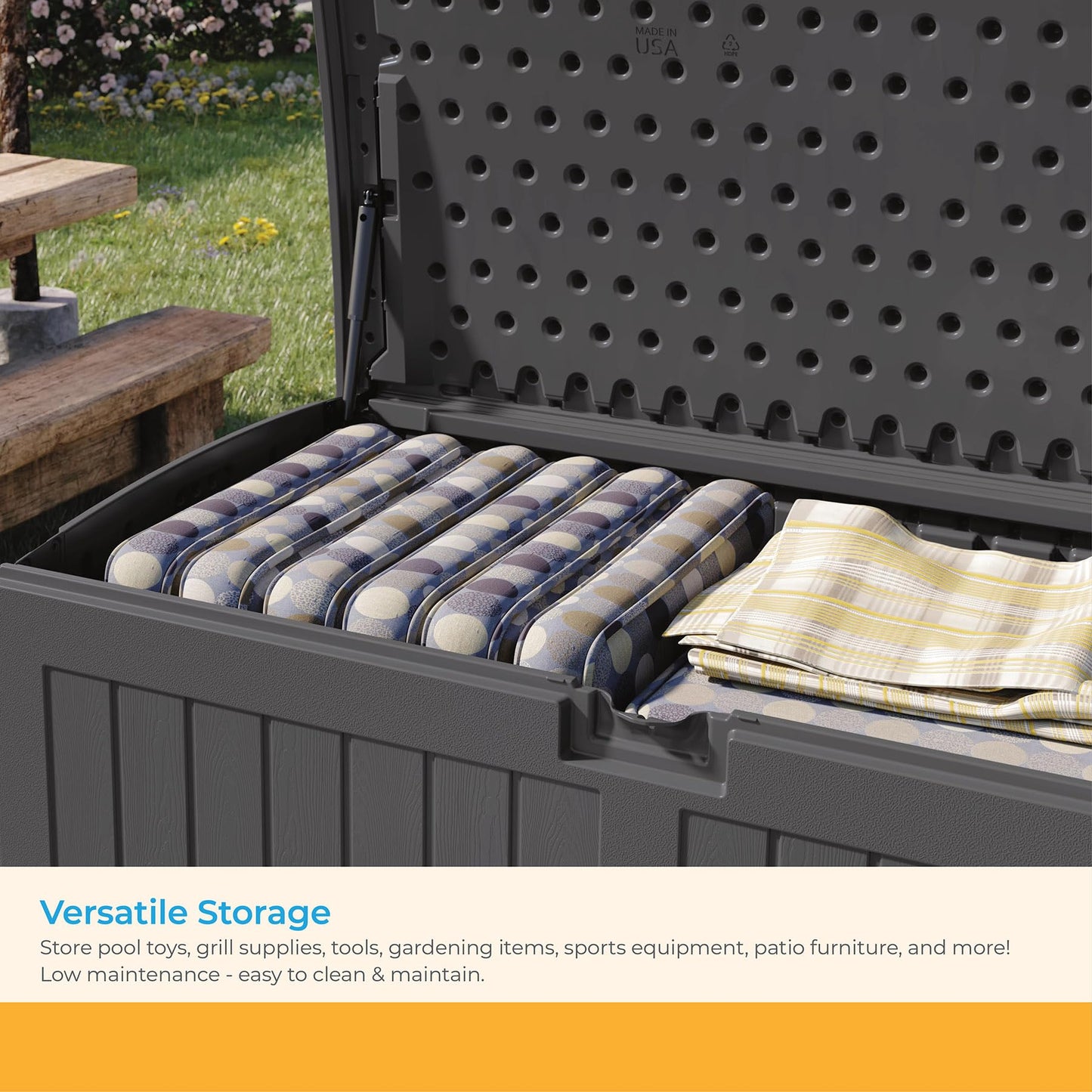 Suncast Extra Large 200 Gallon Deck Box - Resin Outdoor Storage Box for Patio Cushions, Outside Toys, Garden Tools & Pool Supplies, Weatherproof Lockable Outdoor Storage Bin, Peppercorn