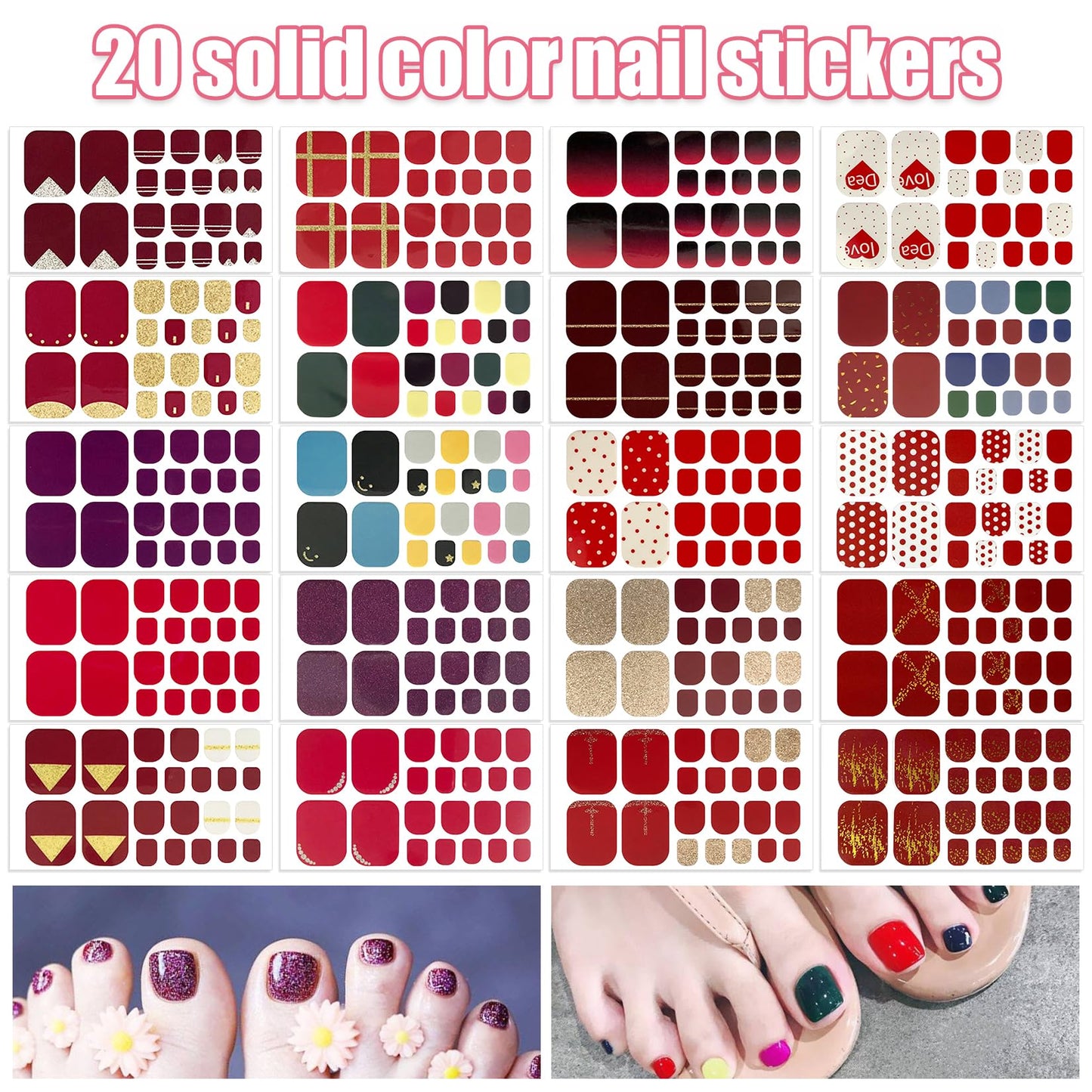 YECIRALA 20 Sheets 440 Pcs Toenail Stickers for Women Nail Art Wraps, Red Series Toe Nail Stickers Wraps for Toes Nail Polish Strips Stick On Nails Polish Stickers for Toenails Gel Nail Color Strips