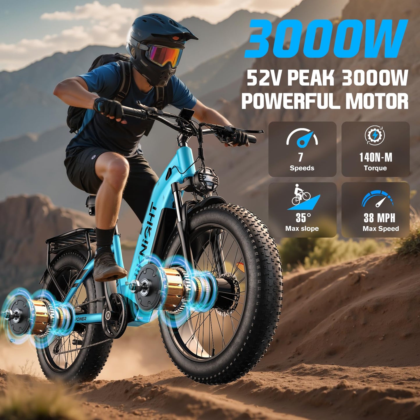 HiKNiGHT Dual Motor Ebike, 3000W Electric Bike for Adults, 52V 20Ah 26" Fat Tire Fast Ebike Max 38 Mph, up to 90 Miles, Off-Road Mountain E-Bike for Men Women, Step-Through Design