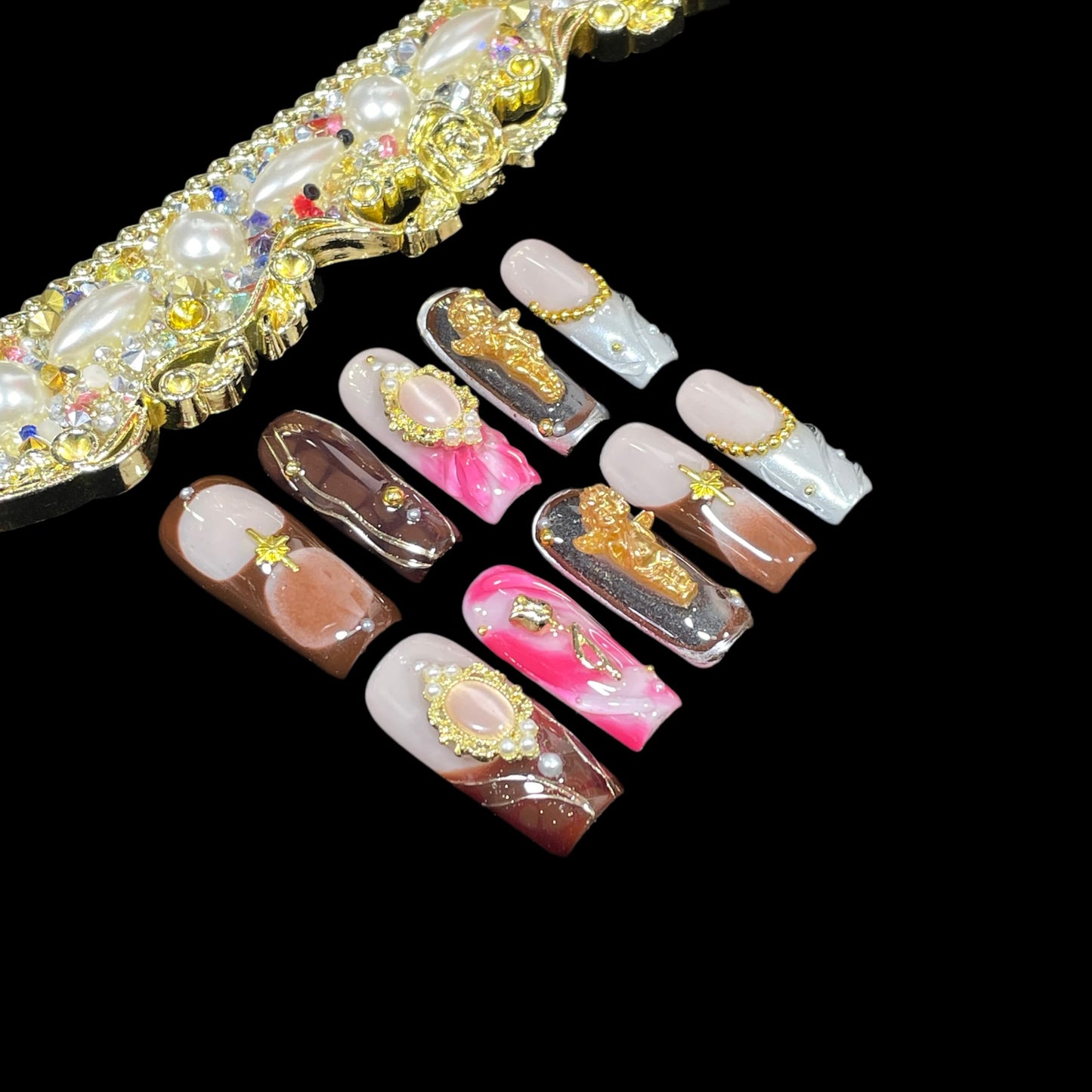 Handmade Press On Nails Vintage Style Gold Angel & Flower Design with Amber Print, Medium/Long Square Shape Acrylic False Nails, Reusable Luxury Retro Nail Art (Cherub, L)