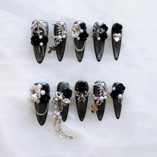 GLORS Luxury Long Stiletto Press-On Nails, 3D Black Roses with Silver Glitter, Pearl and Rhinestone Decorations, Handmade False Nail 10 Pieces (Small, LS)