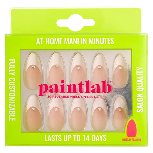 PaintLab Press On Nails - French Tip 3D Diamond Almond Fake Nails, 30 Nails in 15 Sizes with Glue, Reusable Salon Quality Press On Nails