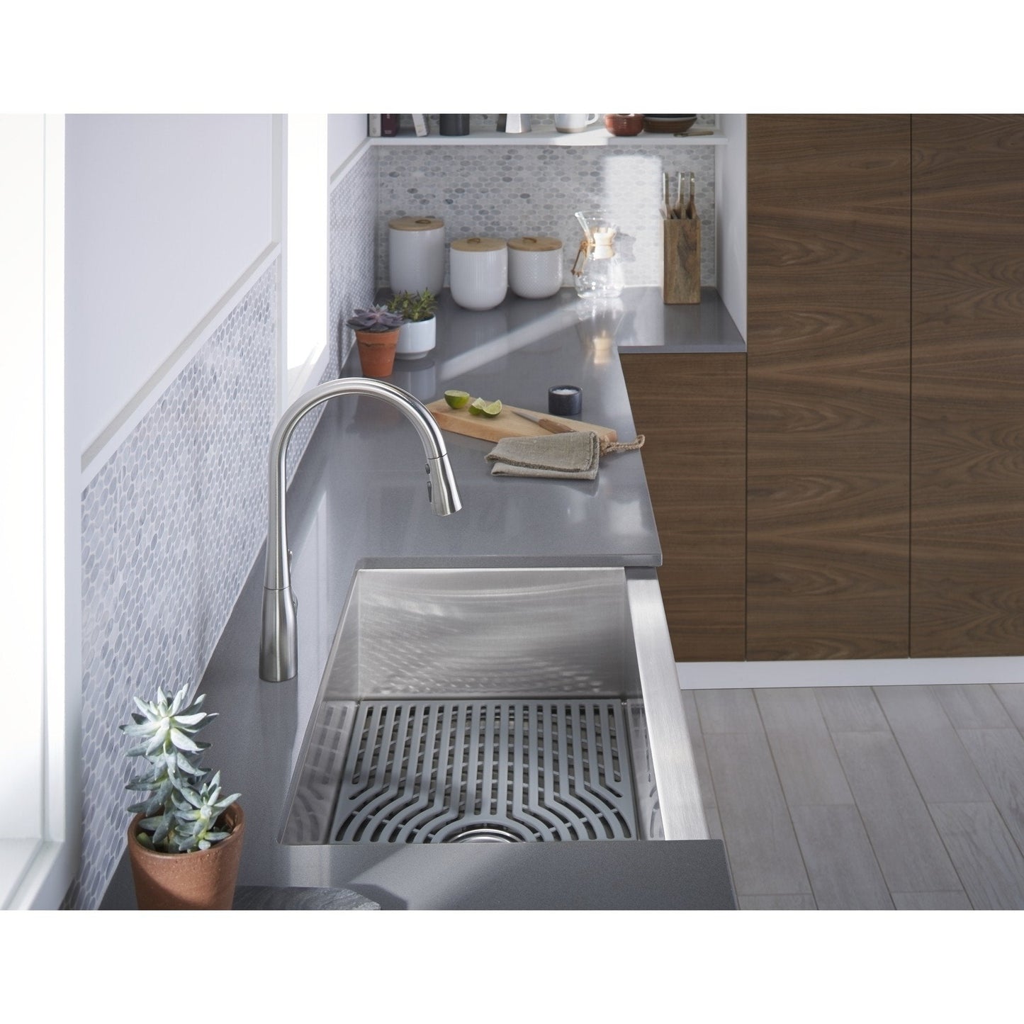 Sterling K-20243-PC-NA Ludington 34" Under-Mount Single-Bowl Farmhouse Kitchen Sink with Accessories, Apron-Front Basin, Stainless Steel