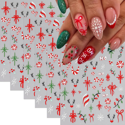 Christmas Gift Bow Nail Art Stickers 3D Self-Adhesive Christmas Candy Nail Art Stickers Christmas Elk Light Nail Decals Snowflake Bow HO Letter Nail Design Nail Supplies for Women DIY Nail Decorations