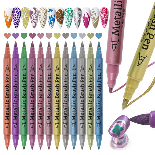 ESUOHYM 12 Color Nail Art Pens Set,Metallic Nail Gel Polish Pens Quick-Drying for Nail Art Design Drawing Painting Liner Dotting Marker Pen,0.3-4MM Waterproof Acrylic Nail Brush Pen Manicure Tools