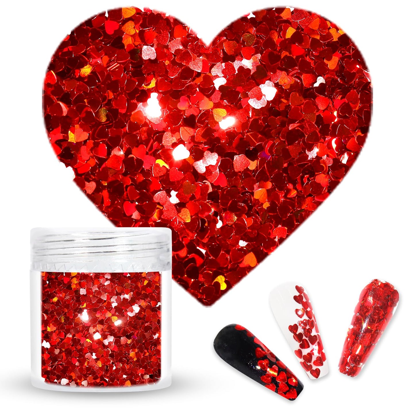 Laza 2g Chunky Glitter for Valentine’s Day Heart Glitter Confetti Nail Charms Holographic Sequins Stickers Sparkle for DIY Crafts Nail Art Decoration Party Face Body Make Up Resin - Laser Red