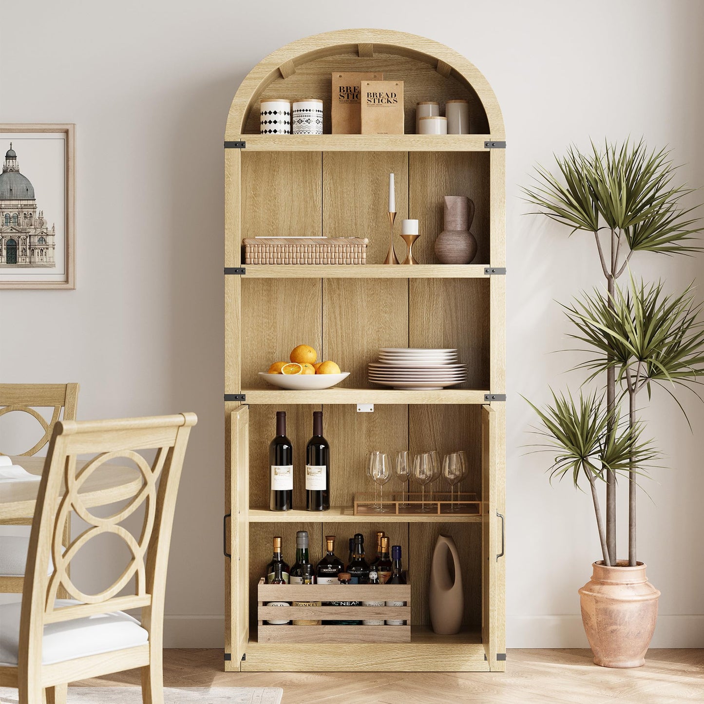 GarveeHome Bookcase with Doors Arched Bookshelf 71.65 in Tall Bookcase Farmhouse Cabinet with Shelves Wooden Bookshelves for Home Office, Living Room (Light Oak)