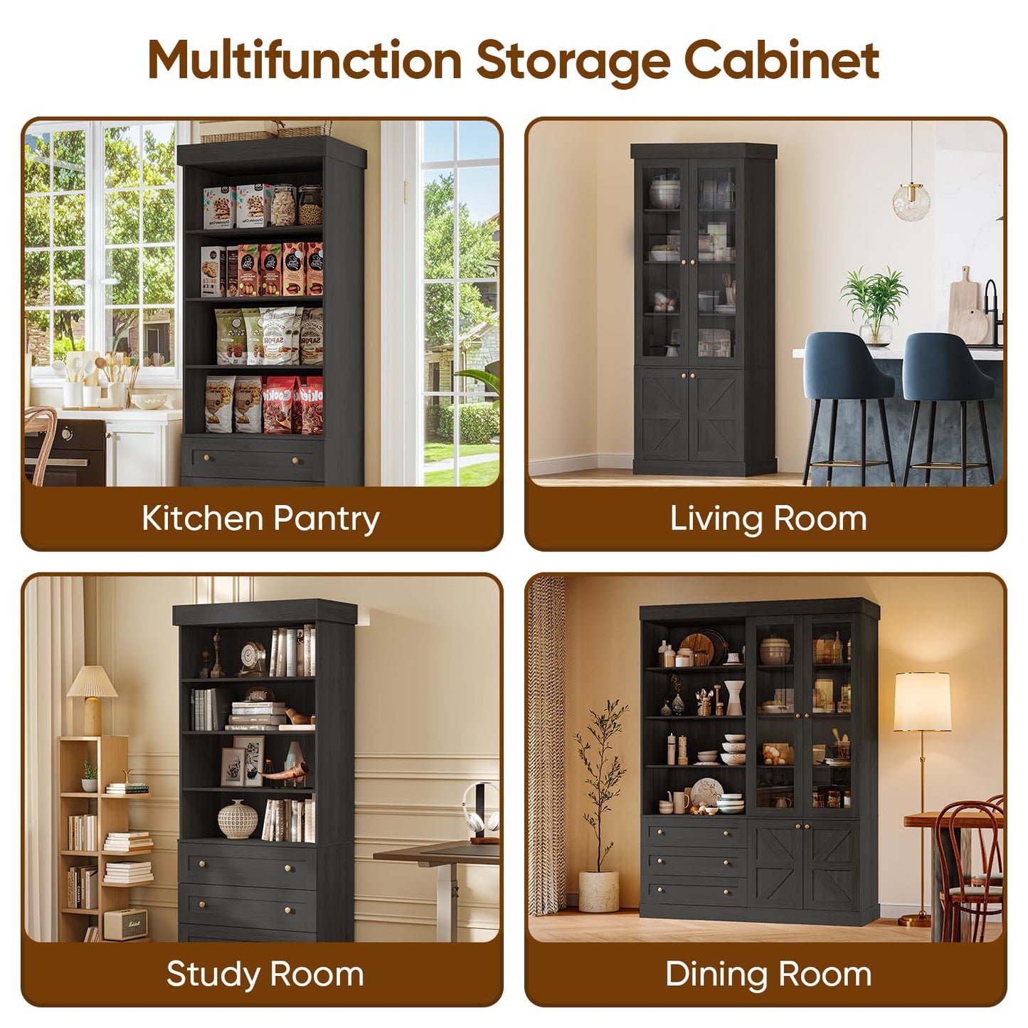 Myricore 71" Tall Farmhouse Kitchen Pantry, Large Storage Cabinet with Glass Doors, Adjustable Shelves, 3 Drawer, Wood Versatile Hutch Cabinet for Dining Room, Living Room, Black 3 Pcs