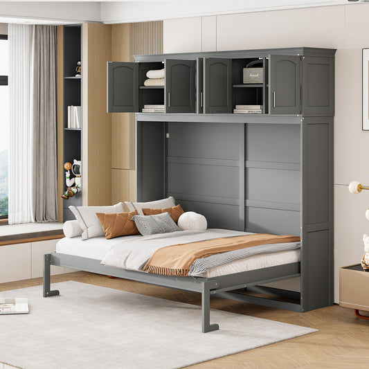 YOPTO Full Size Murphy Bed Cabinet,Folding Wall Bed Frame with Top Storage Lockers,Hidden Platform Bed Chest W/Wood Slats Support,Space-Saving,Easy Assembly,for Bedroom,Guest Room,Home,Office,Gray