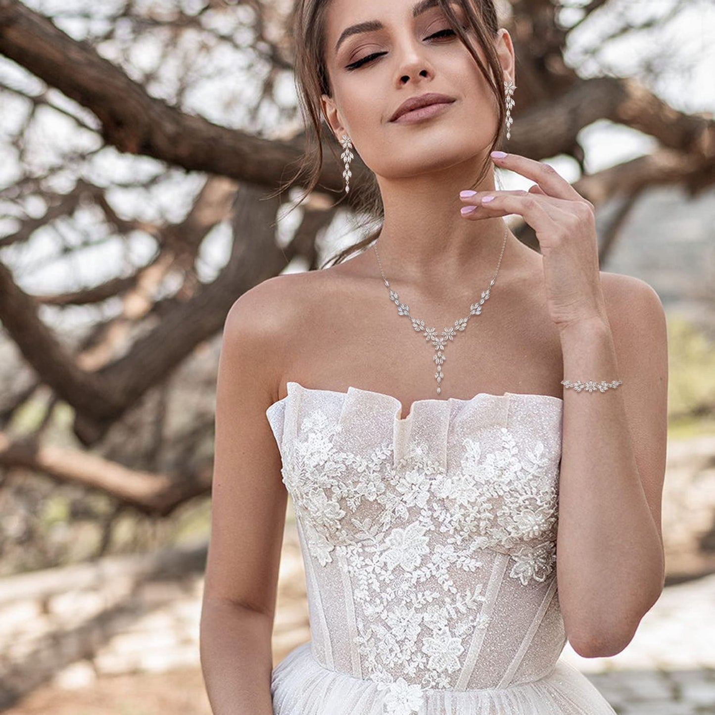 EVER FAITH Wedding Party Jewelry Set for Bride Bridesmaid, Flower Leaf Marquise Cubic Zirconia Necklace Dangle Earrings Bracelet Setsfor Women