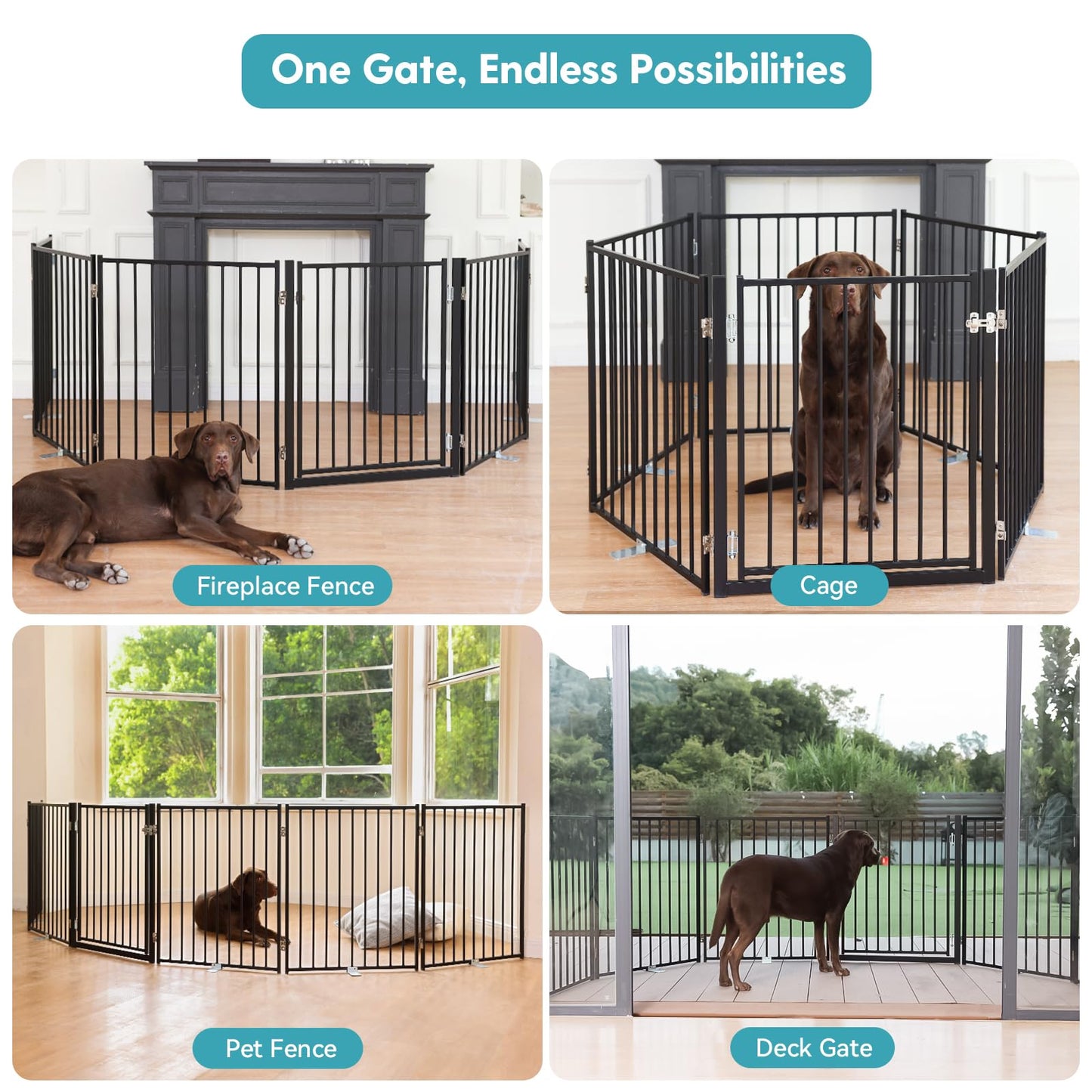 No Pawblems Free Standing Dog Gate with Door, 30'' Tall Foldable Dog Fence for Indoor & Outdoor, Up to 78 Inch Extra Wide Puppy Gate for Stairs, Hallways, Doorways, Deck, Yard (Black, 3 Panels)