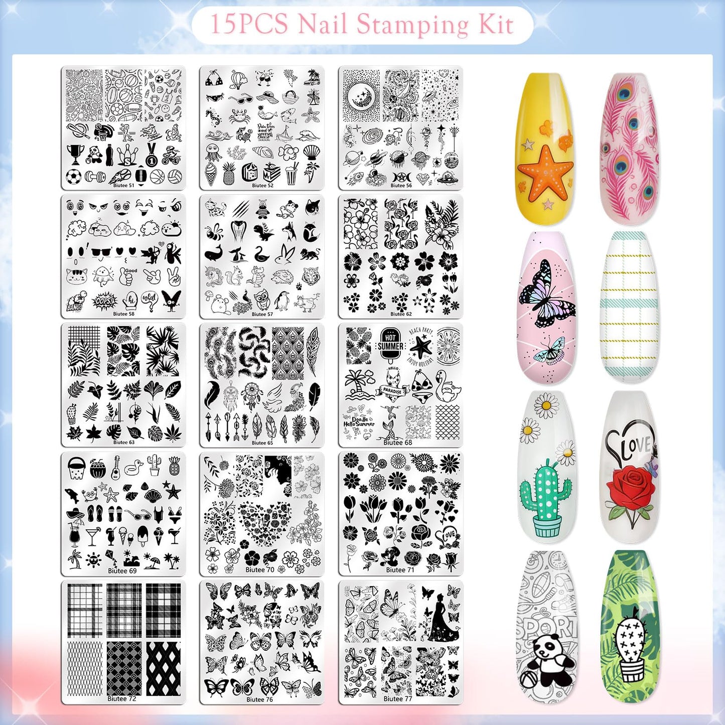 Biutee Nail Stamping Kit, 15 Nail Stamping Plates with Clear Stamper, 2 Scrapers, Storage Bag, Floral Butterfly Leaves Animal Summer DIY Nail Art Kit for Women Beginners