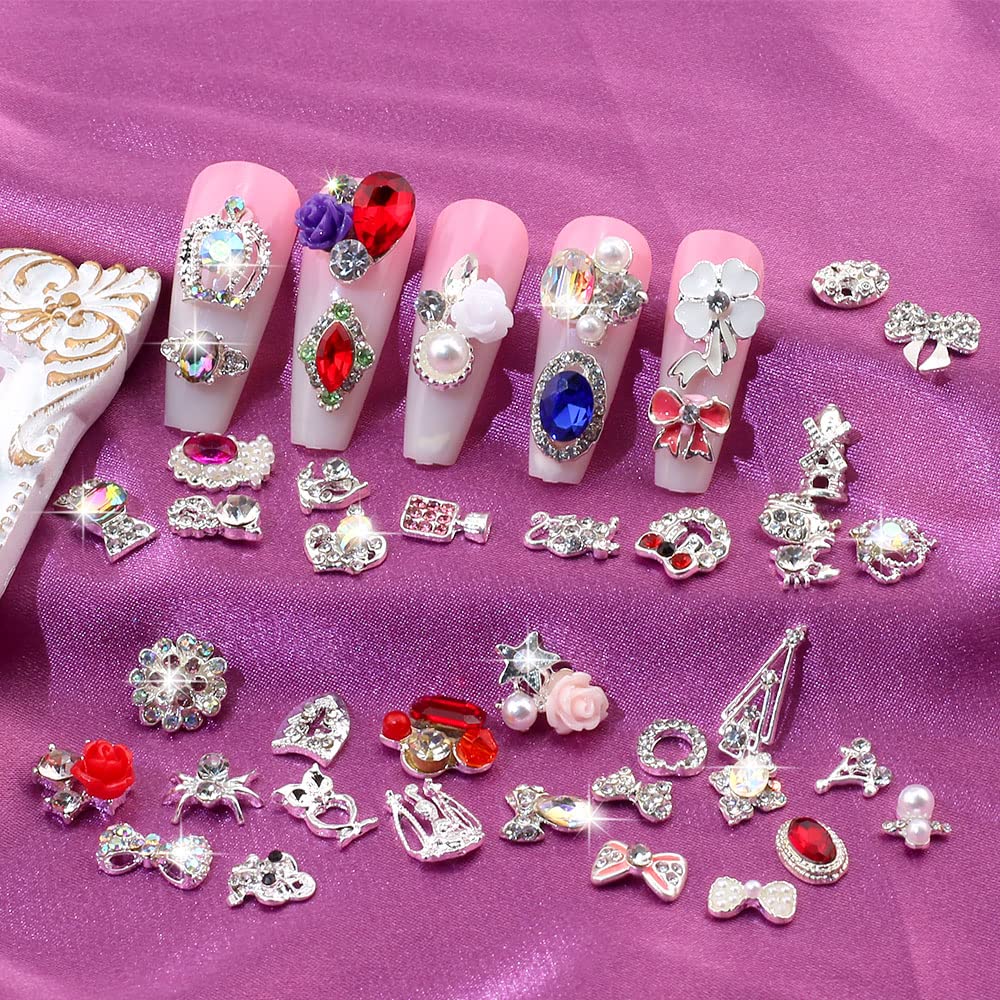 50pcs 3D Nail Charms for Acrylic Nails, Mix Styles Silver Rhinestones for Nails Metal Nail Jewels for Nail Art Charms for Nails Design Alloy Zircon Nail Rhinestones Pearl Nail Gems Women Nail Supplies