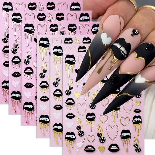 6 Sheets Black Lips Nail Stickers Valentines Nail Decals Self-Adhesive Rose Gold Heart Cherry Sexy Lips Nail Design Hollow Heart Nails Supplies DIY Manicure Accessories for Women Nails Decorations