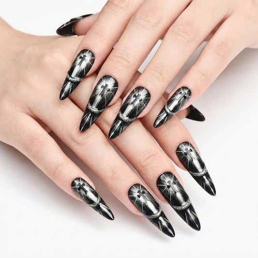 Handmade Gothic Press On Nails 1.6in Ultra Long Stiletto (Narrow Fit for Petite/Average Nail Beds) - 3D Silver Cat Eye Black Fake Nails, Reusable Y2K Stick On Nails 20Pcs
