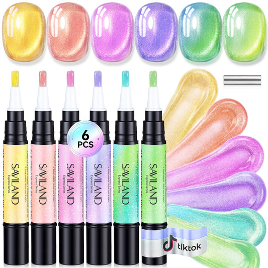 SAVILAND One Step Gel Nail Polish Pen Set: 6 Colors Cat Eye 3-in-1 U V Gel Nail Polish Summer Neon Base & Color & Top Gel in One Pen with Nail Magnet Quick Manicure for Cateye Effect Home DIY 4 ml