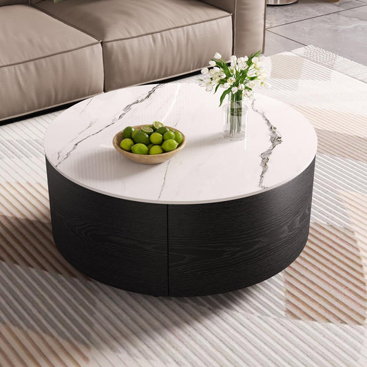 Merax Round Coffee Table for Living Room 29.5" Movable Coffee Table with Casters and 2 Storage Drawers, Marble Pattern Sintered Stone Top, Black and White
