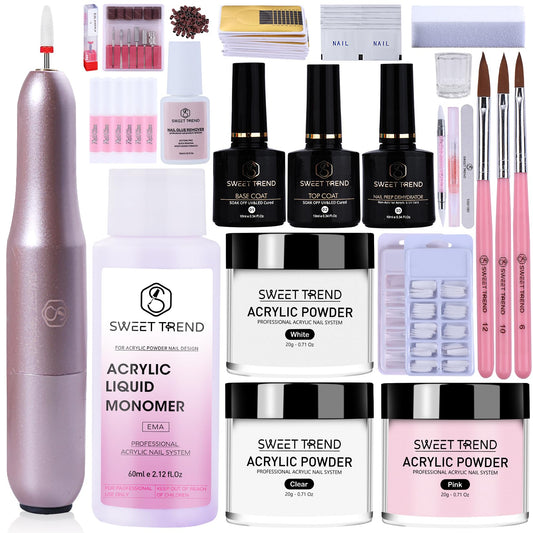 Acrylic Nail Kit with Drill: 20g Clear White Pink Acrylic Powder and Liquid Beginners Set - Professional Brushes Nail Tips Nail Supplies - Full Tools Extensions Starter for Women Home & Salon
