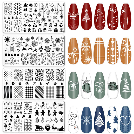 JarThenaAMCS 4Pcs Christmas Nail Plates Stamping Set Xmas Tree Snowflake Snowman Stamp Templates Nail Art Plates for Winter DIY Print Manicure Salon Design Gift