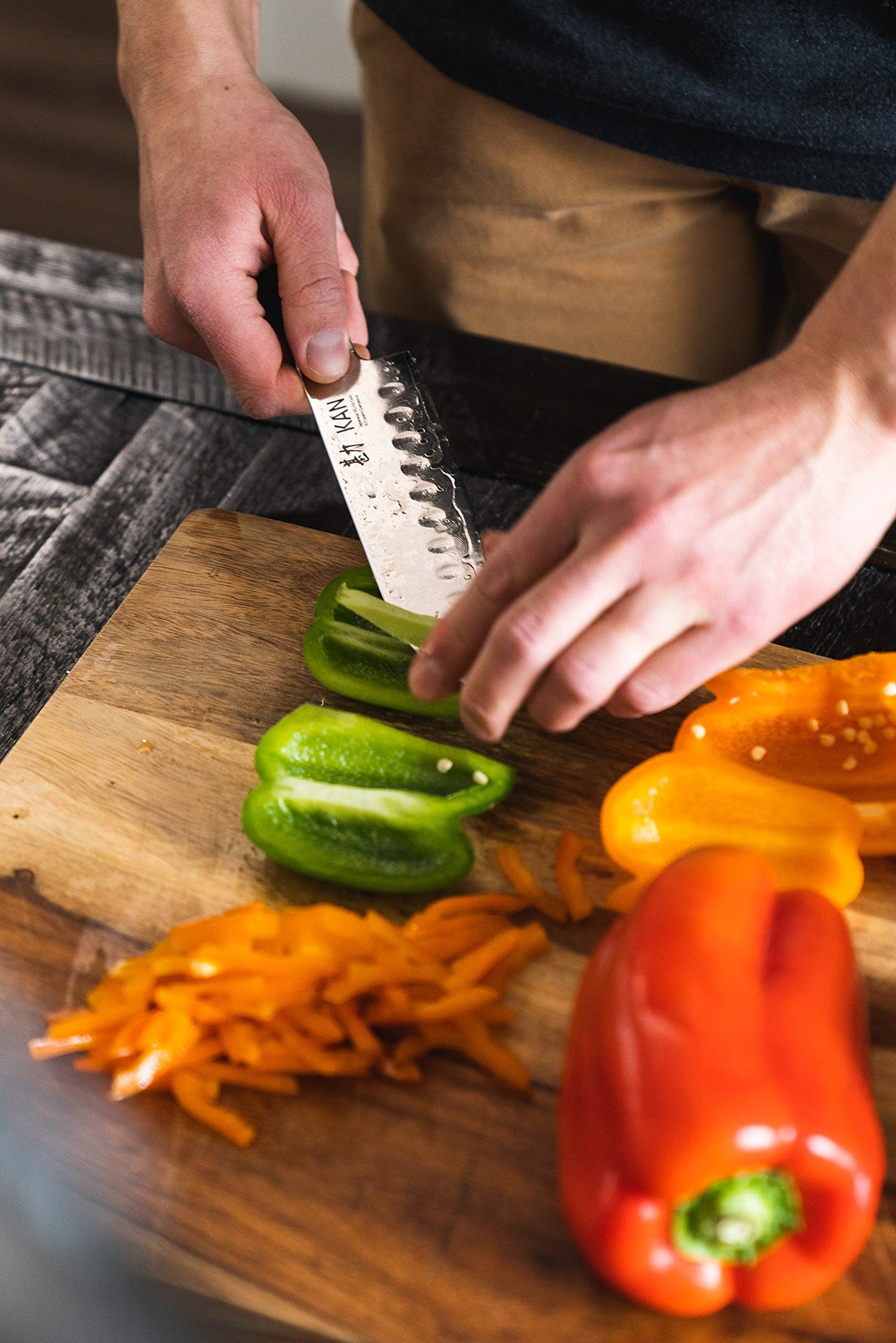 KAN Core Basic Set: 8-inch Chef Knife (hammered finish), 6-inch Santoku, 3.5-inch Paring knife - Ebony wood handles