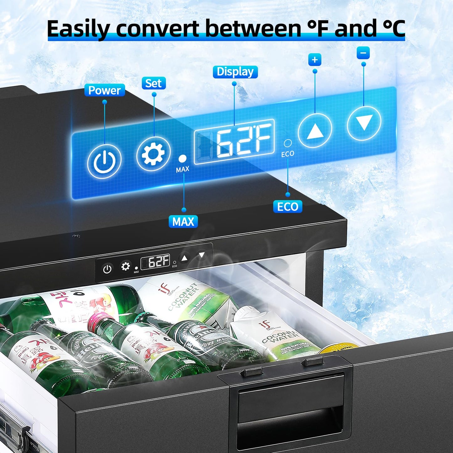 12 Volt Drawer Refrigerator 33QT（32L）12V RV Fridge Freezer,(-4℉-68℉) Portable Refrigerator,Car Cooler for Travel Car Fridge Freezer, Travel Camping Road Trips Tailgating, Truck Van SUV 12/24V DC