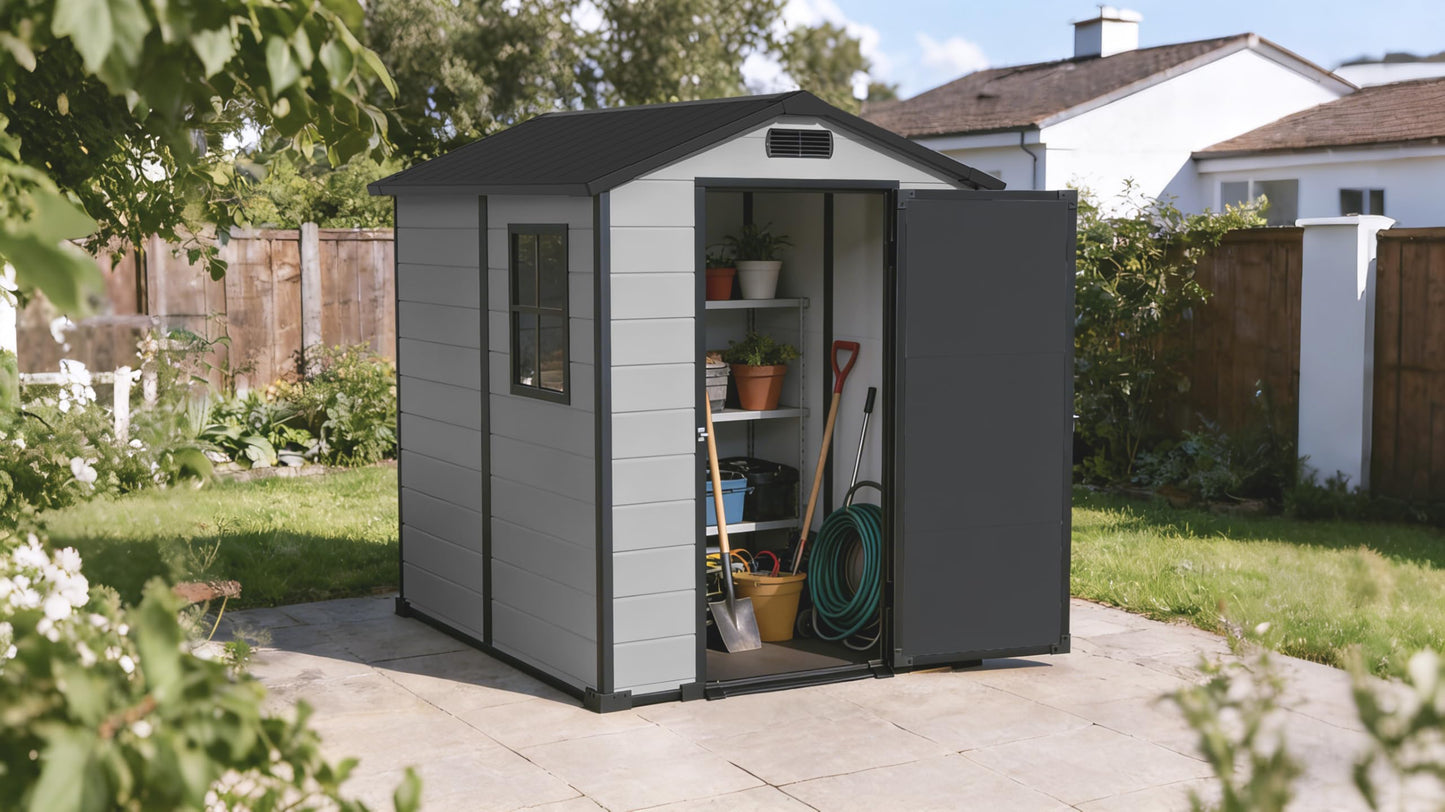 4x6 FT Outdoor Storage Shed, Large Waterproof Resin Garden Shed with Lockable Door Vents Window for Patio Lawn Mower Bike Tool Backyard Organization, Gray + Black