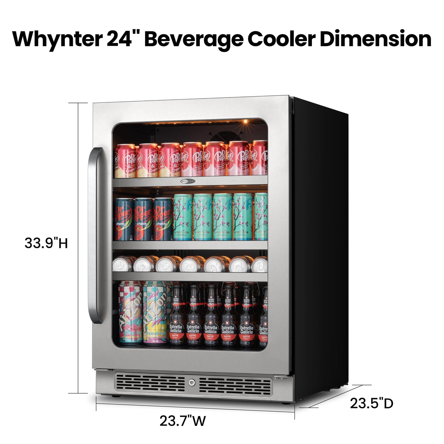 Whynter Beverage Refrigerator 24 Inch Drink Fridge with Glass Door Beverage Cooler 140 Cans Under Counter Beverage Fridge Freestanding 3 LED 34-54°F for Beer Home Bar Premium Series 5.65 cu.ft