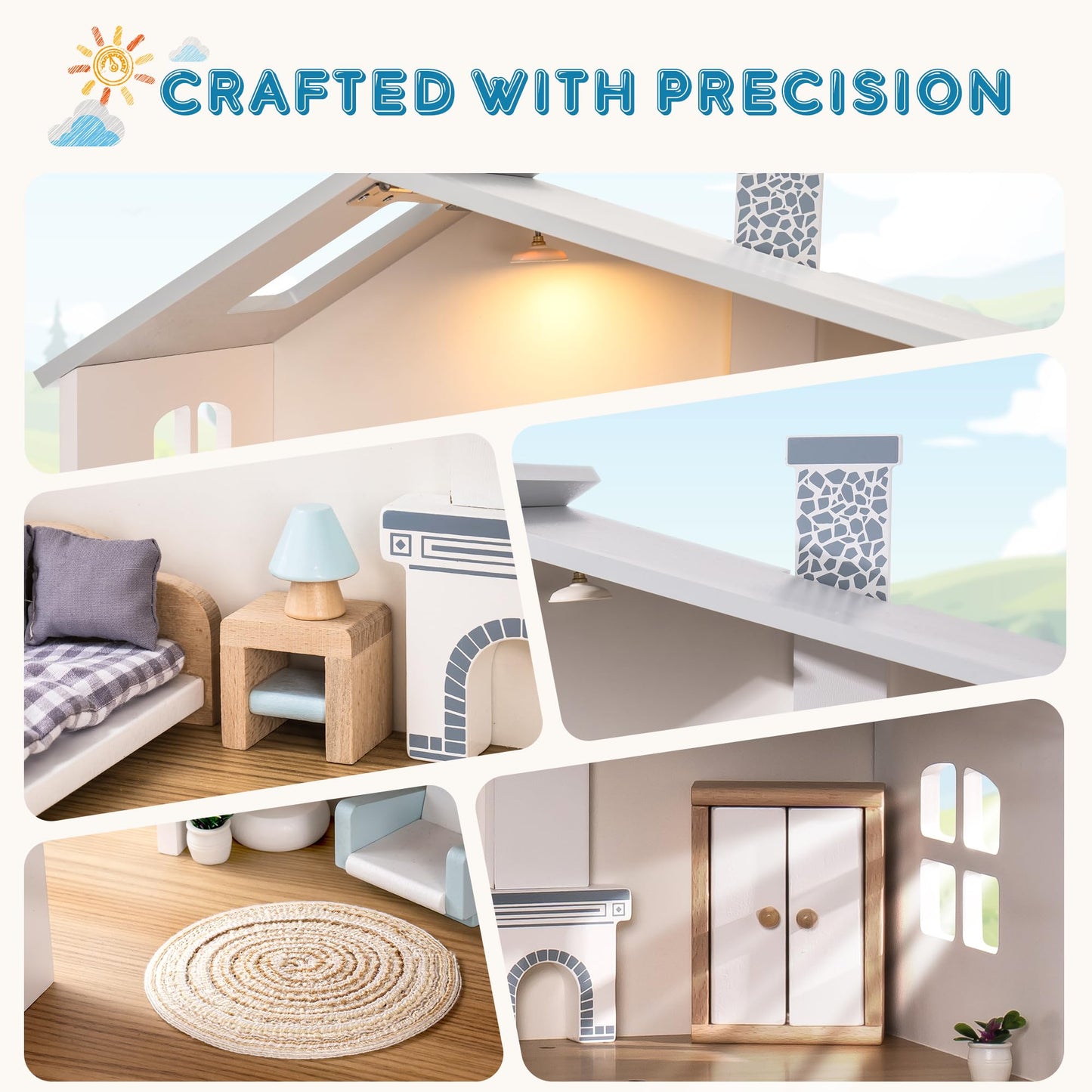 ROBOTIME Wooden Dollhouse, Wooden Doll House with 29 Pieces of Furniture, 6 Rooms Fits 4-6 Inch Dolls, Gift for Kids Ages 3+
