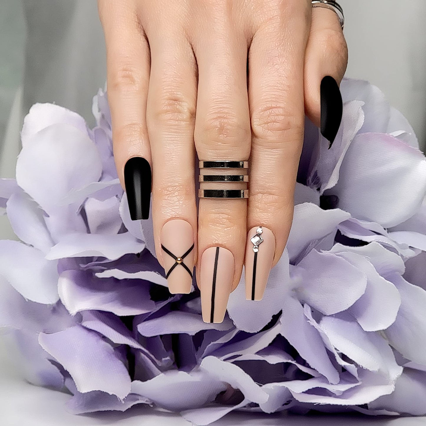 Hypnaughty 24 Pcs Monaco Black Matte and Nude Luxury Design with Rhinestones Coffin Press on Nails with Glue Medium Long Reusable Fake Nails (Monaco)