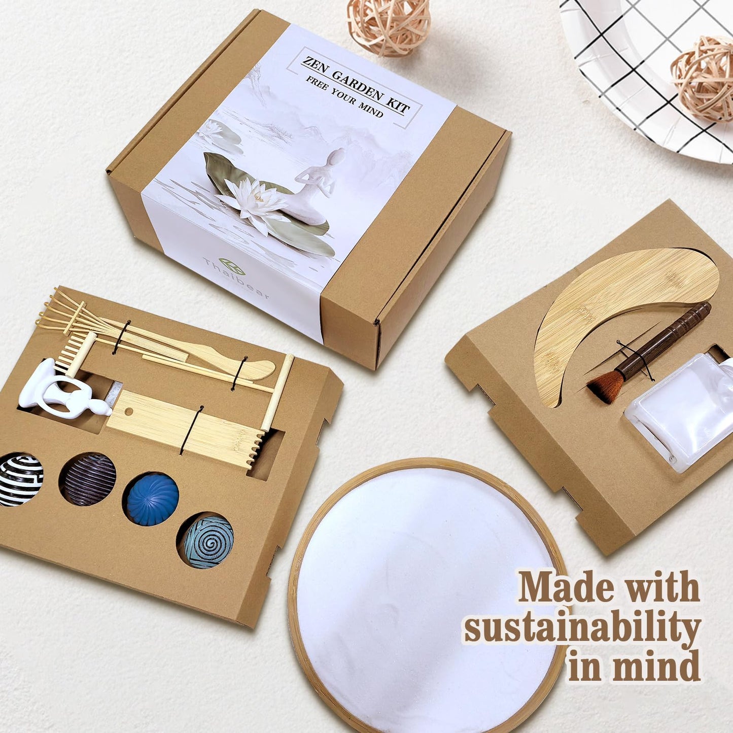 Zen Garden Kit for Desk - Premium Beautiful Japanese Mini Zen Sand Garden Box Gift Set for Home Decor, Office Desk with Large Round Bamboo Tray, White Sands, 4 Sand Spheres & Spheres Holder